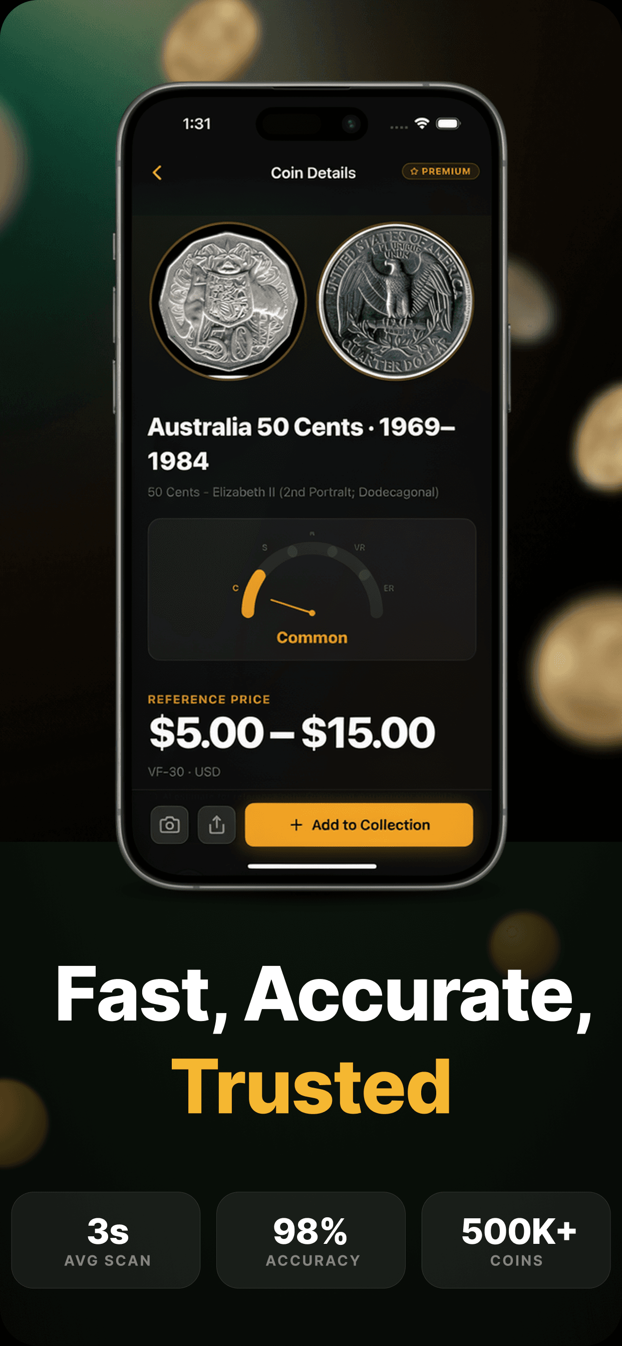 Fast, Accurate, Trusted — Australia 50 Cents coin detail with rarity meter, $5–$15 reference price, and 3s/98%/500K+ stats