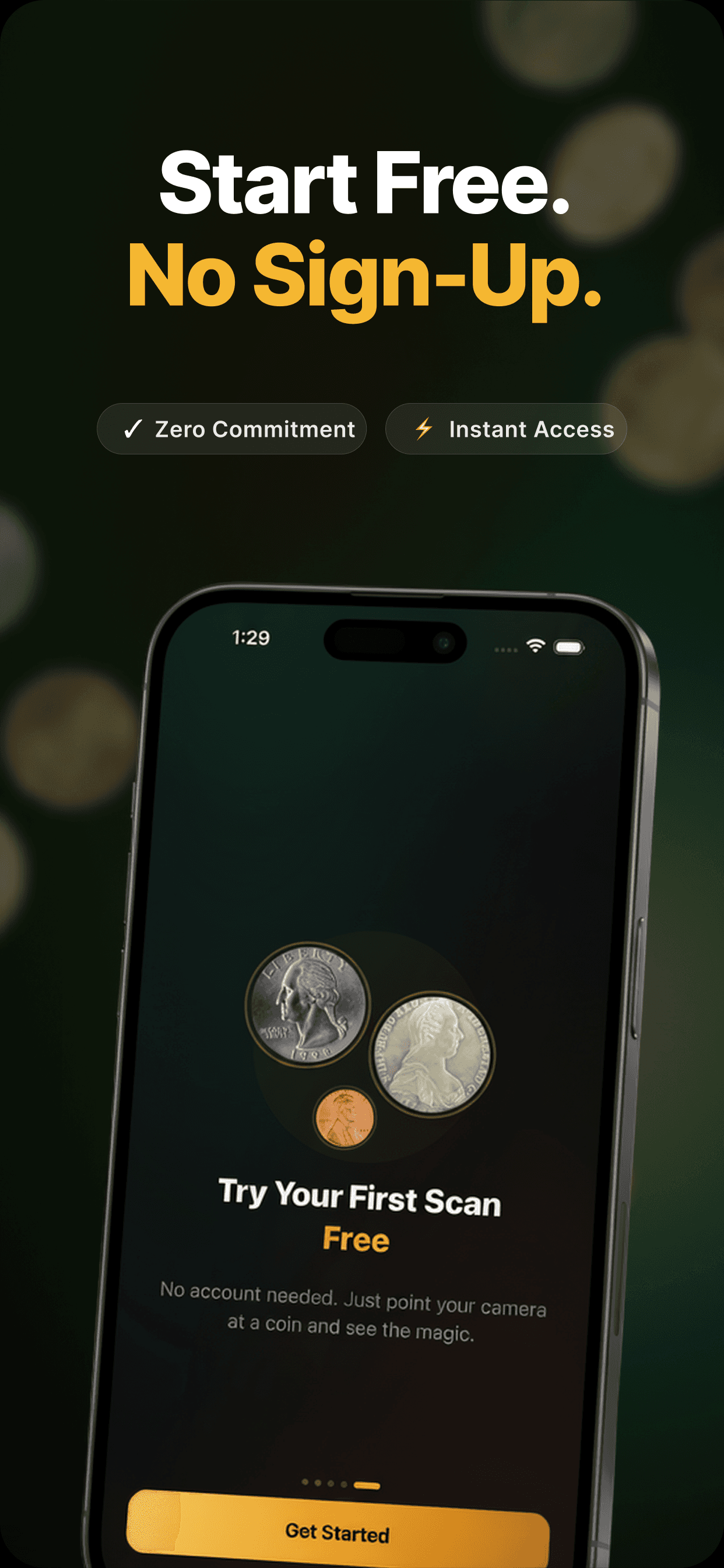Start Free, No Sign-Up — try your first coin scan with zero commitment and instant access