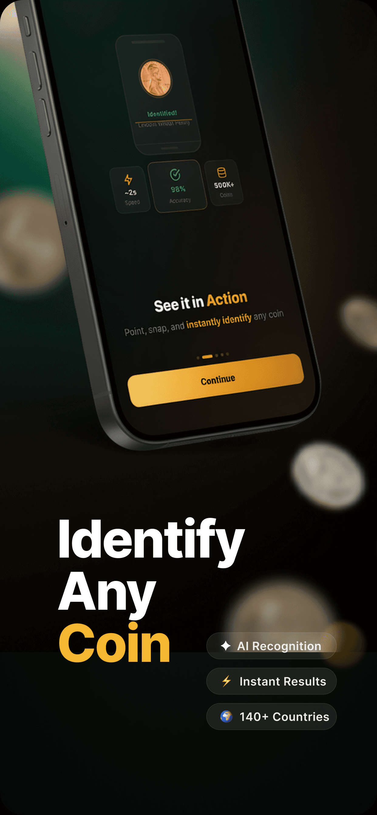 Identify Any Coin — AI recognition with instant results across 140+ countries